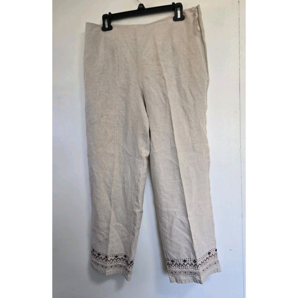 Dress Barn Pants Womens 14 100% Linen Wide Leg Boho Southwestern Beige Beach